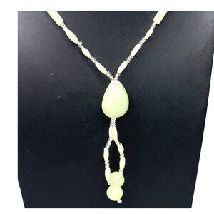 Vintage Green Jade Beaded Necklace With Pendant Tassel Balls Spheres 24" Long